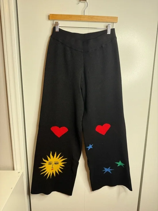 Dress in Lala Celestial Knit Pants Sun Hearts Colorful Black Wide Leg Small - Picture 2 of 10